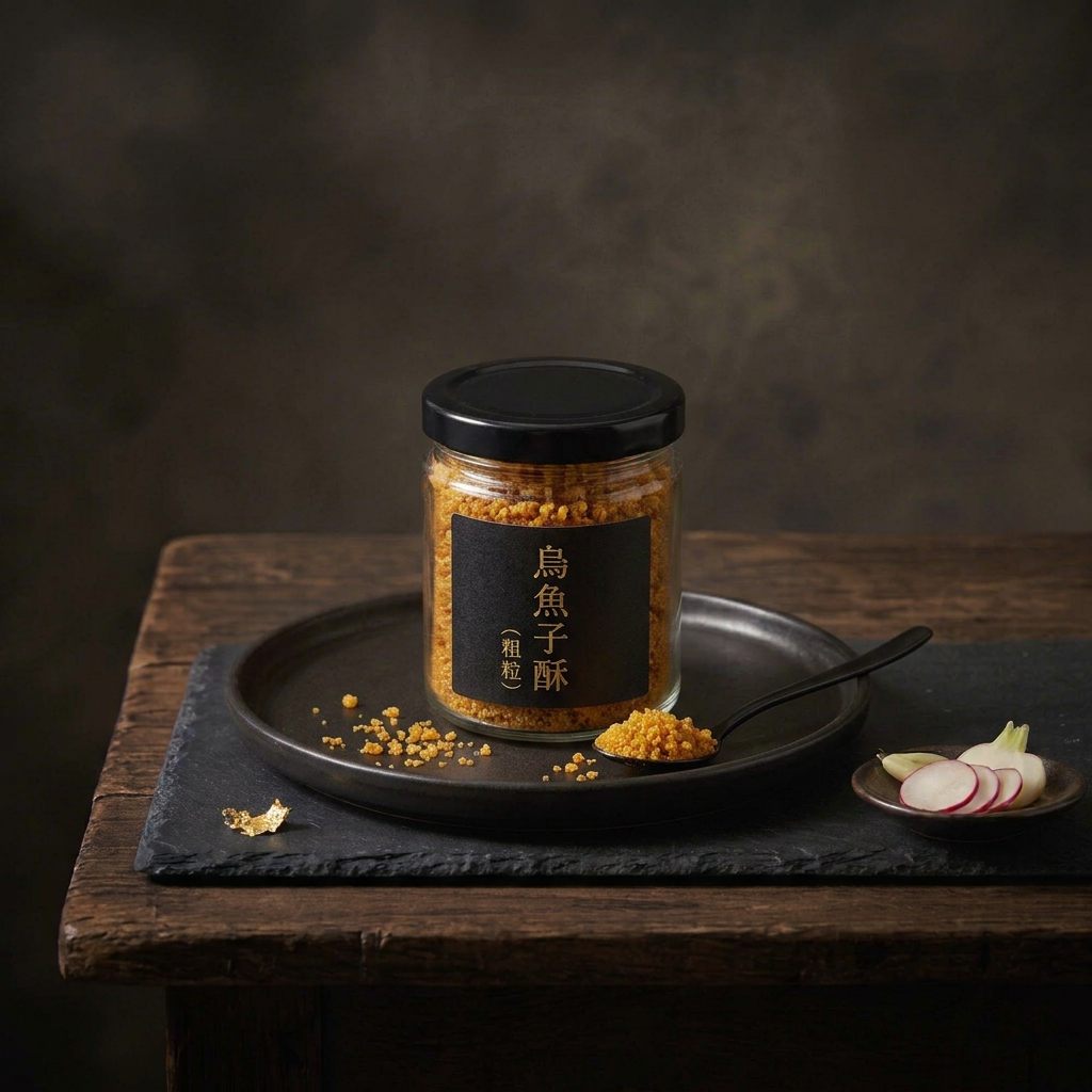 A glass jar of golden mullet roe crumbs with a black label, with a spoonful of crumbs on a dark plate