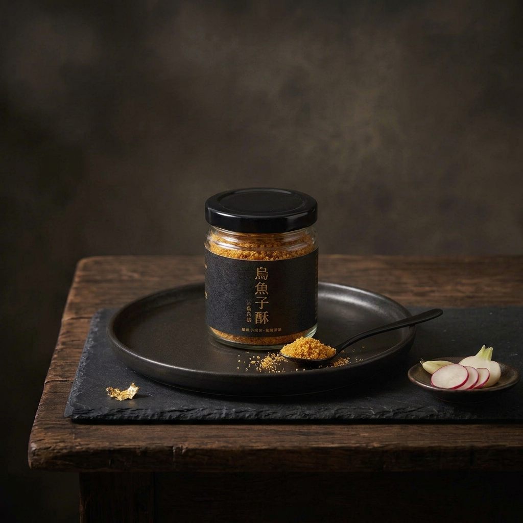 A glass jar of golden mullet roe crumbs with a black label, with a spoonful of crumbs on a dark plate
