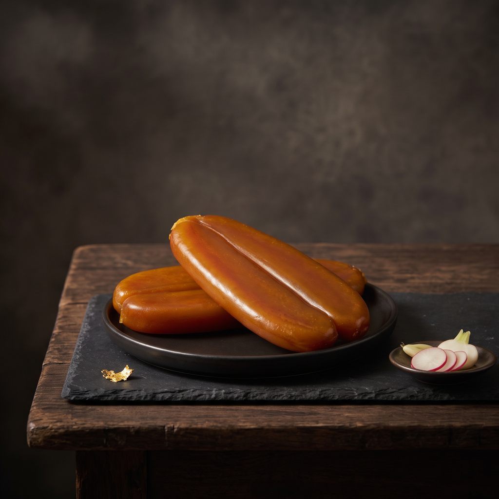 A whole dried mullet roe, two pieces side by side, on a dark round plate on a slate mat