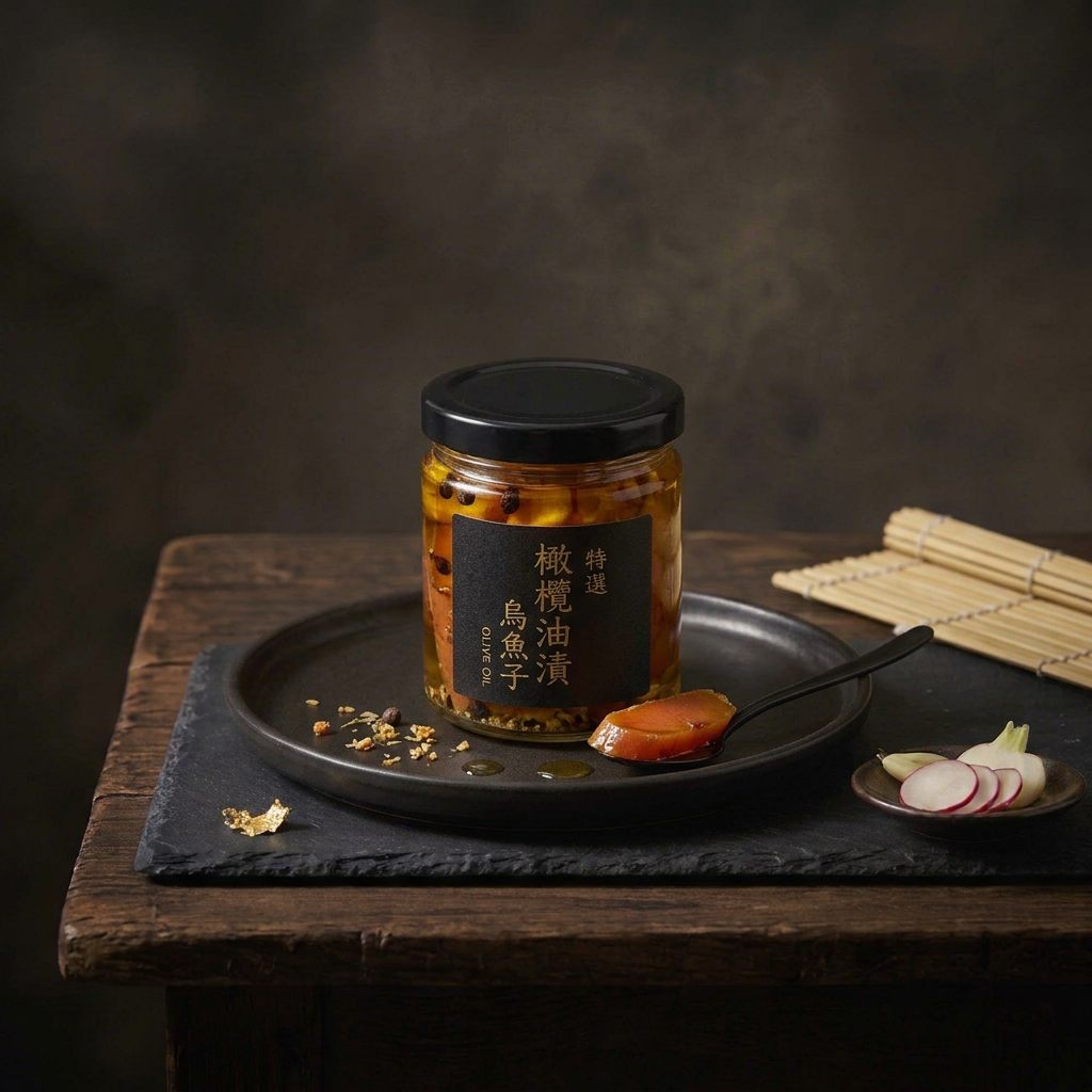 A glass jar of mullet roe slices preserved in oil, with a black label, and a slice on a spoon beside it