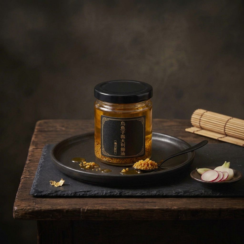A glass jar of golden oil with a black label, and a spoonful of golden crumbs on a dark plate