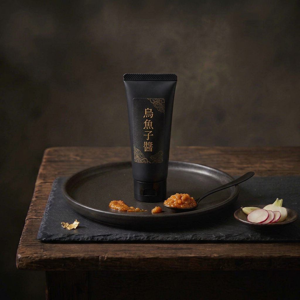 A black squeeze tube with a gold label standing on a plate, with a spoonful of orange paste beside it