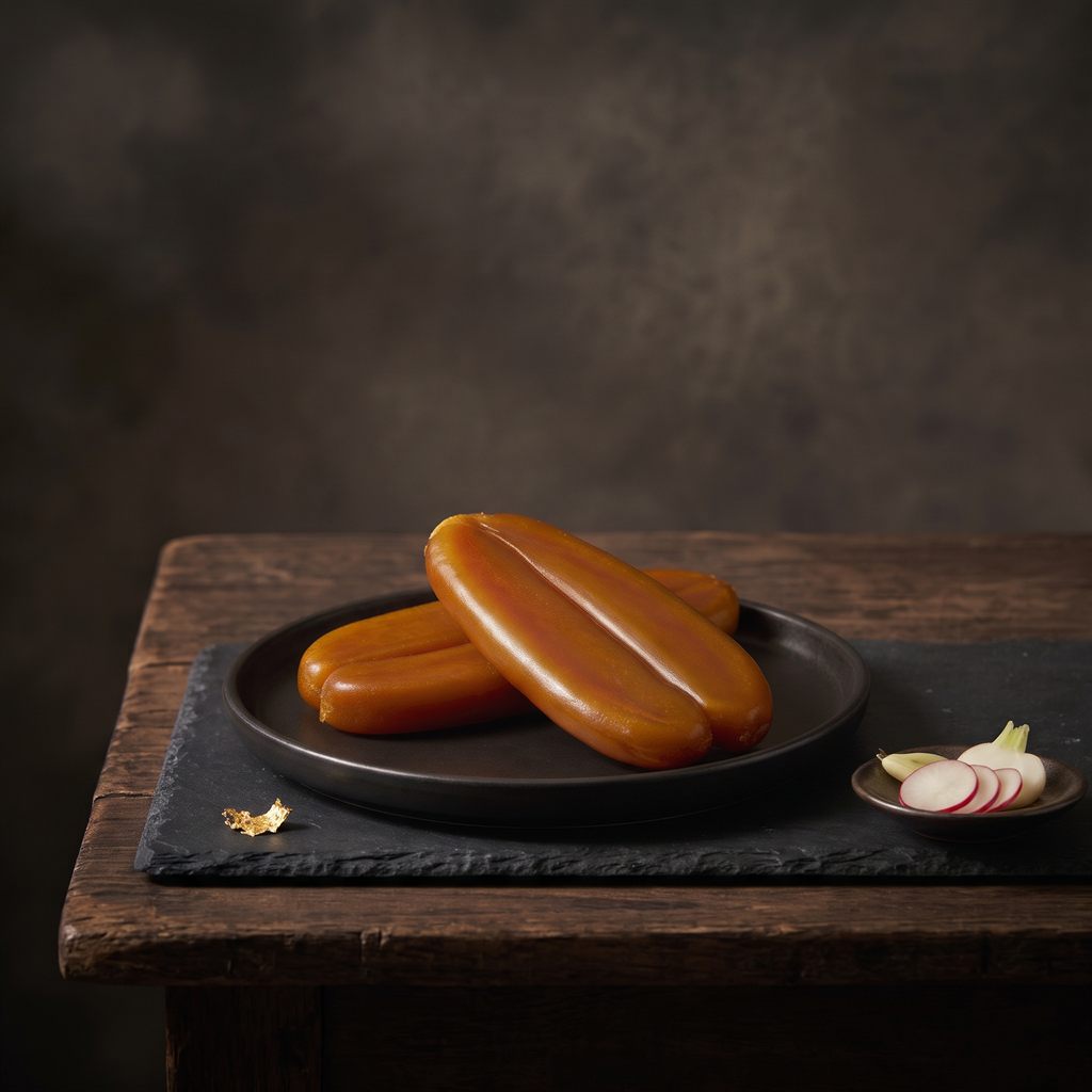 A whole dried mullet roe, two pieces side by side, on a dark round plate on a slate mat