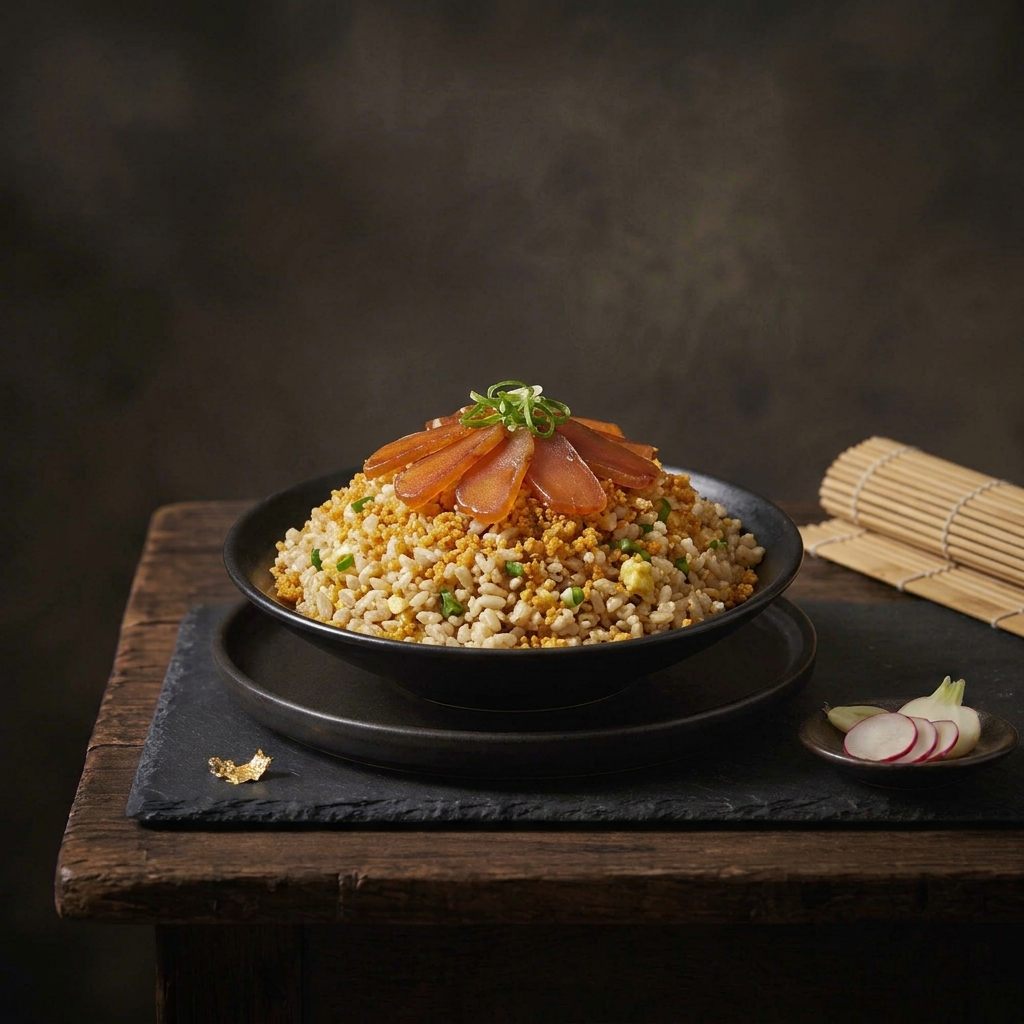 A black bowl of brown rice mixed with golden crumbs and green onion, topped with fanned slices of mullet roe