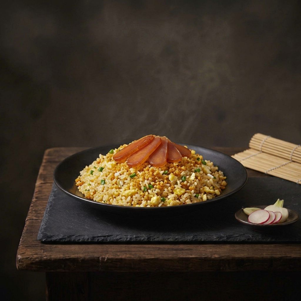 A dark plate of fried rice with egg and green onion, topped with fanned slices of mullet roe