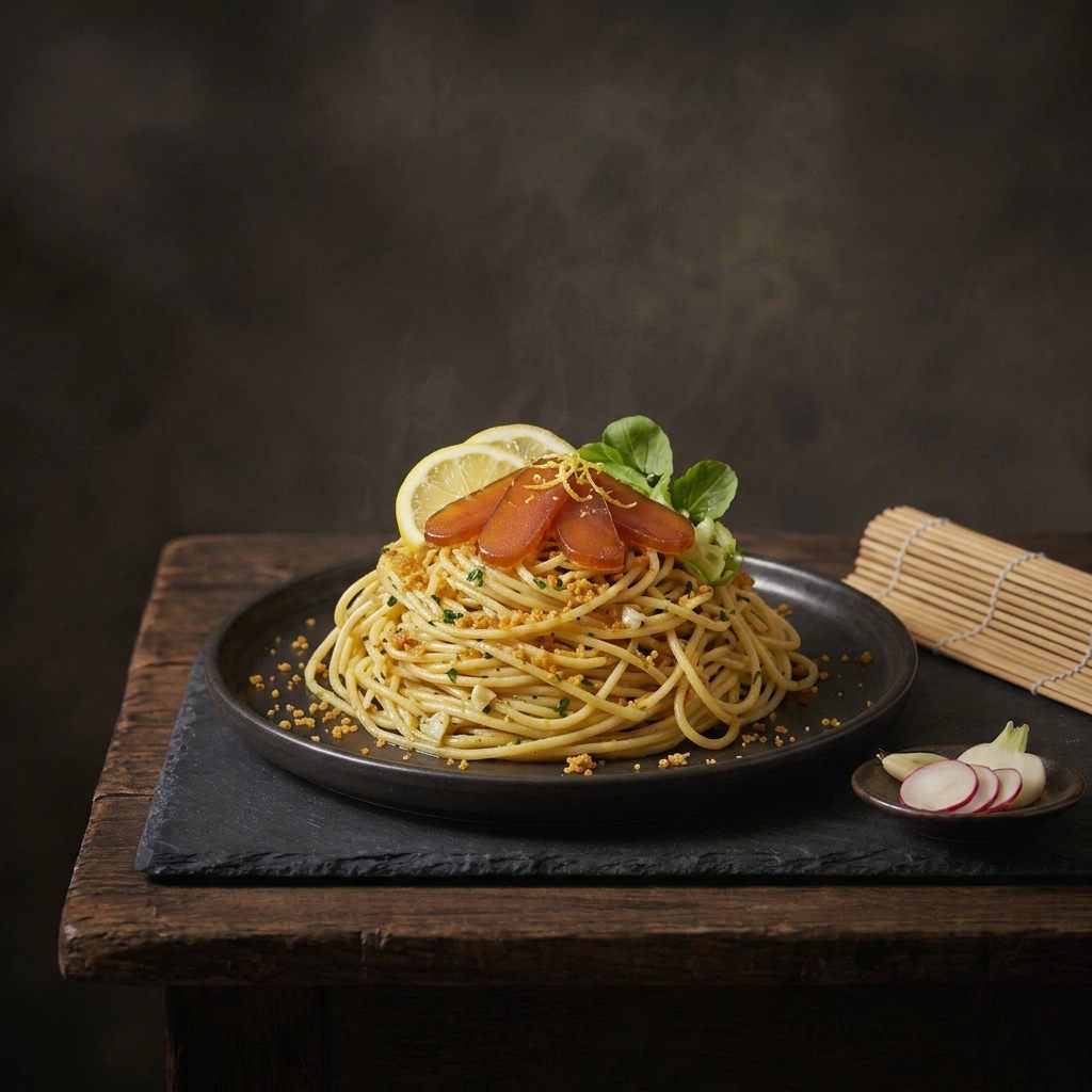 A dark plate of spaghetti with golden crumbs, topped with mullet roe slices, a lemon slice and basil