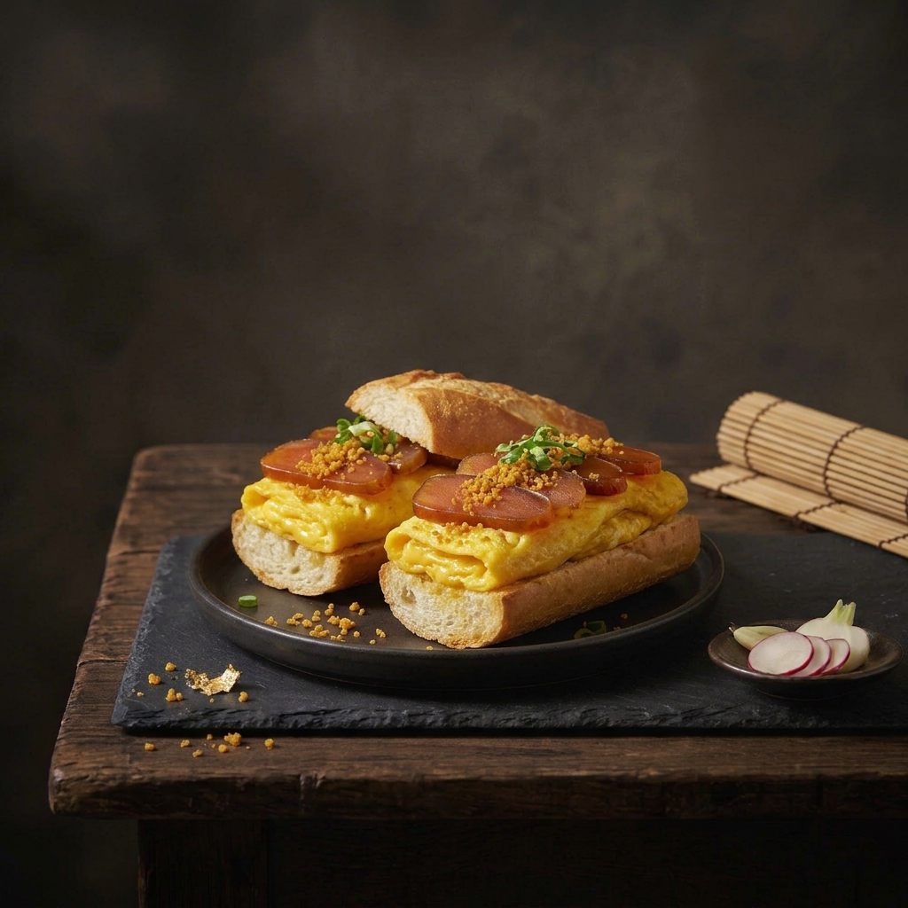 Two baguette sandwiches filled with a thick yellow omelette, topped with mullet roe slices and green onion