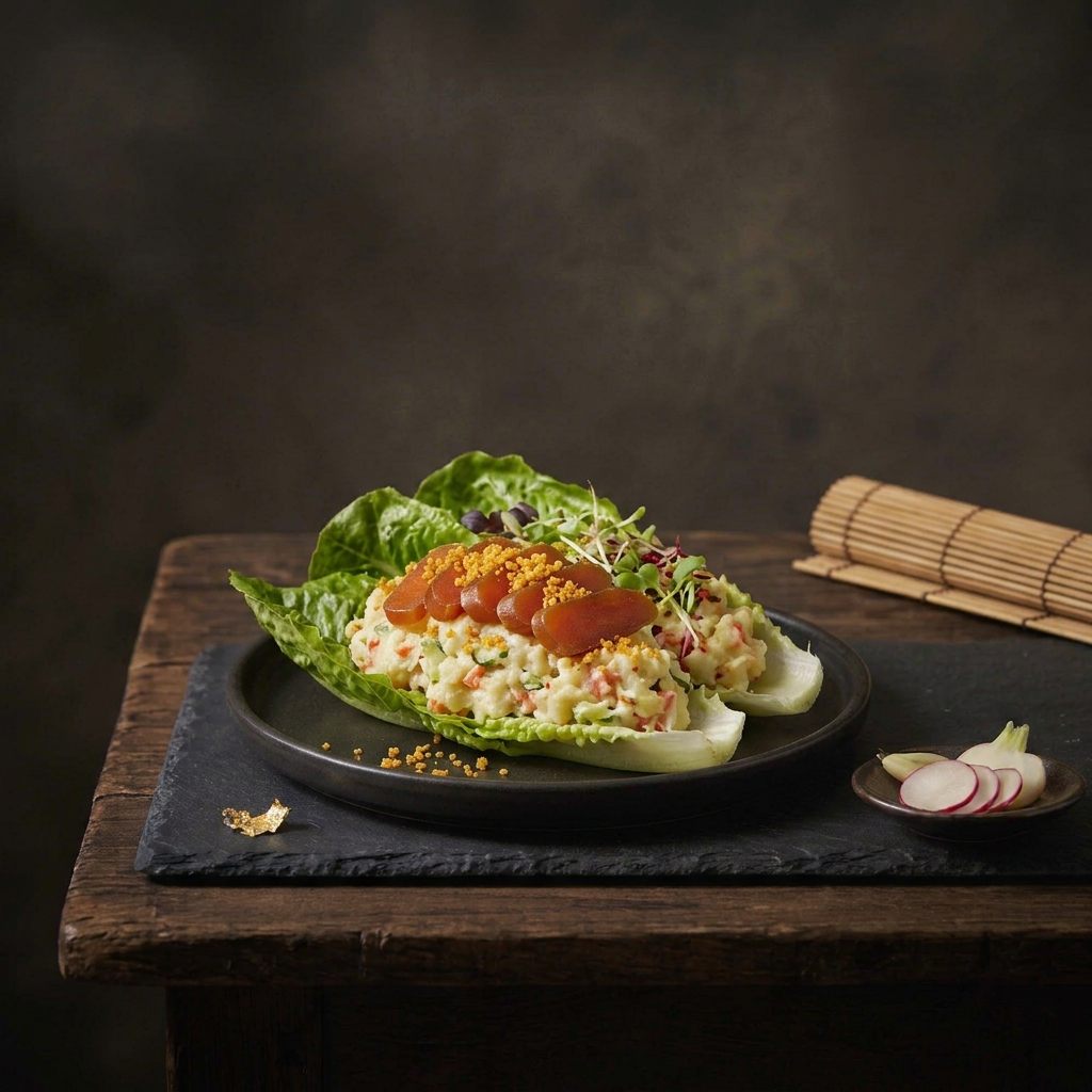 A lettuce leaf filled with potato salad, topped with mullet roe slices, golden crumbs and sprouts