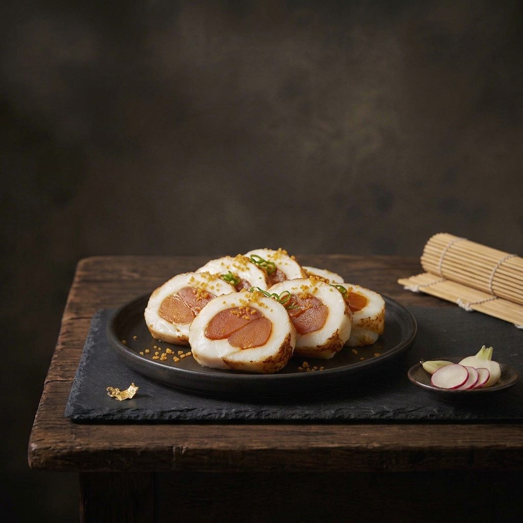 Sliced squid rolls on a dark plate, each showing a piece of mullet roe at the center, with golden crumbs
