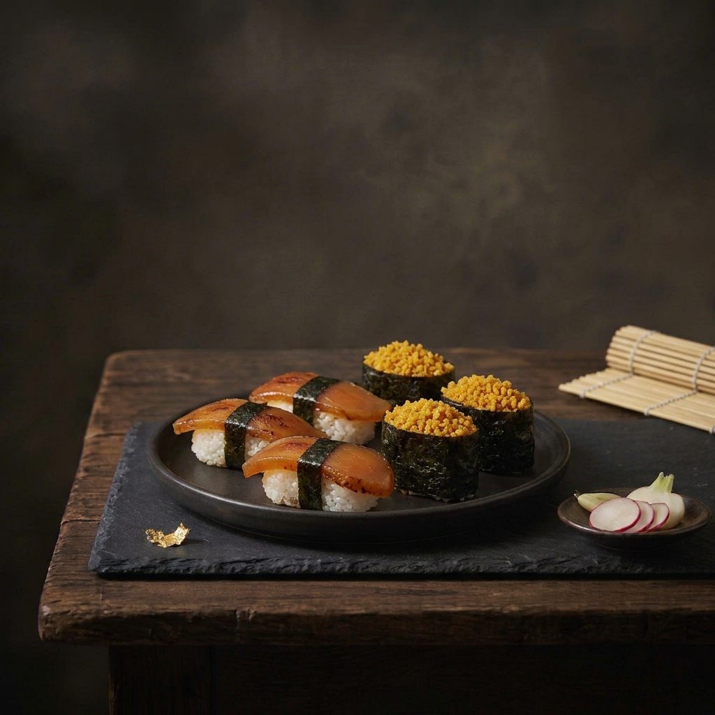 A dark plate of sushi: nigiri topped with mullet roe slices and seaweed-wrapped pieces topped with golden crumbs